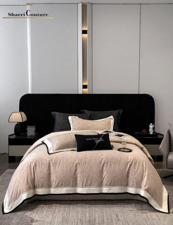 S. C. - 1036 - Light Beige Floral Pattern With Black And White Frame Color - 40% Jacquard Cotton + 60% Lyocell